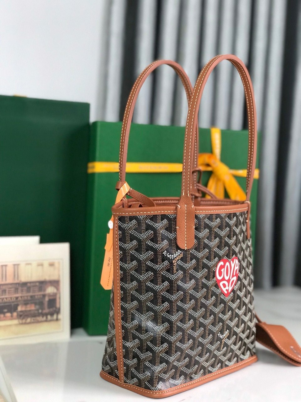 Goyard Anjou Mini Bag 20 Cm Tan Calfskin And Black Goyardine Canvas view 9