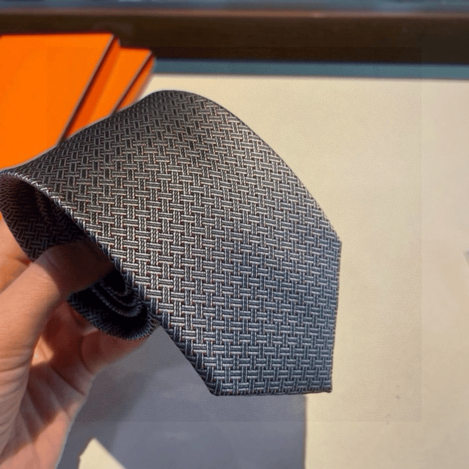 Hermes Light Gray Interlocking Pattern Canvas Tie For Men view 9