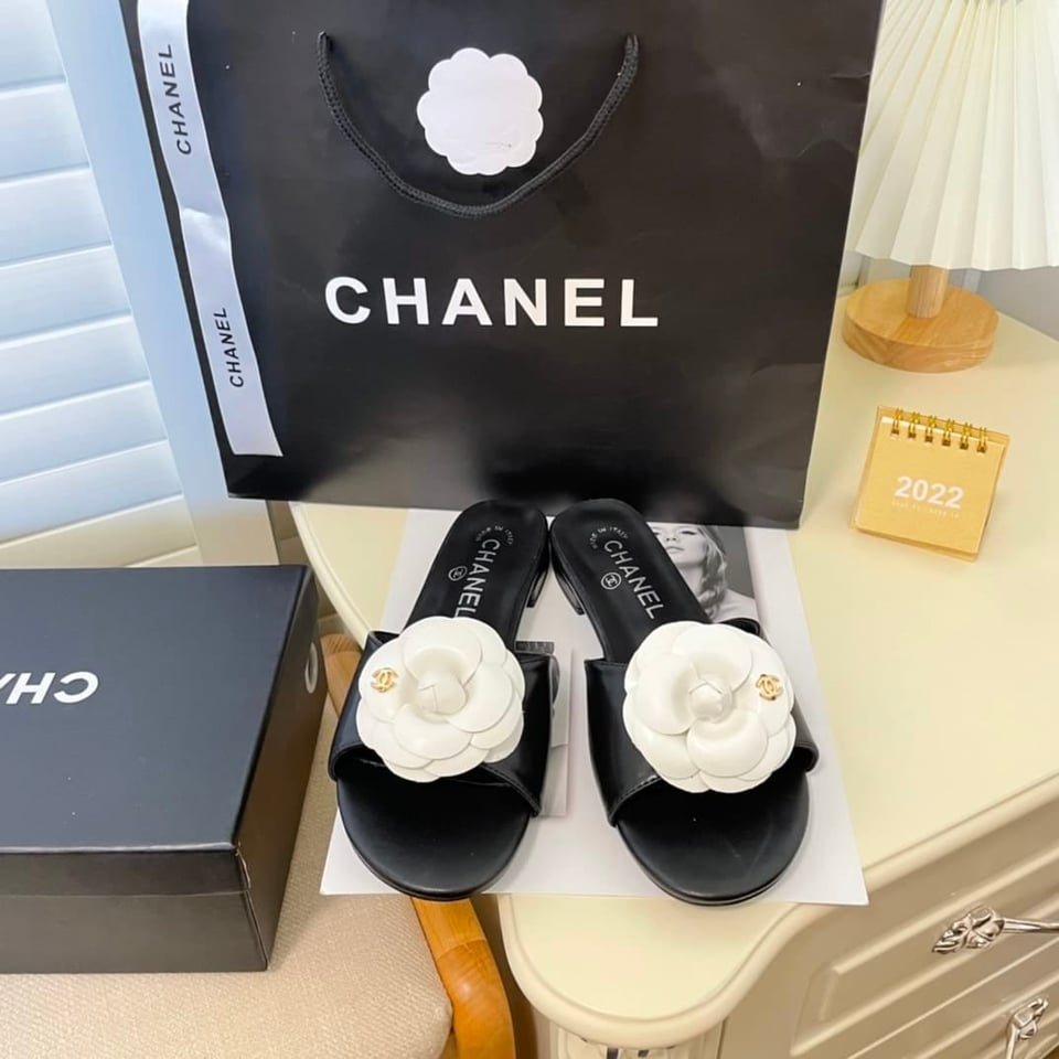 Chanel White Camellia Slides Black view 3