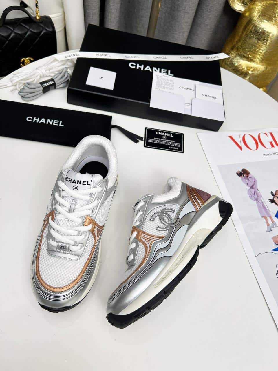 Chanel 23C Silver Metallic Cc Logo Lace Up Flat Runner Trainer Sneaker White Yellow view 7