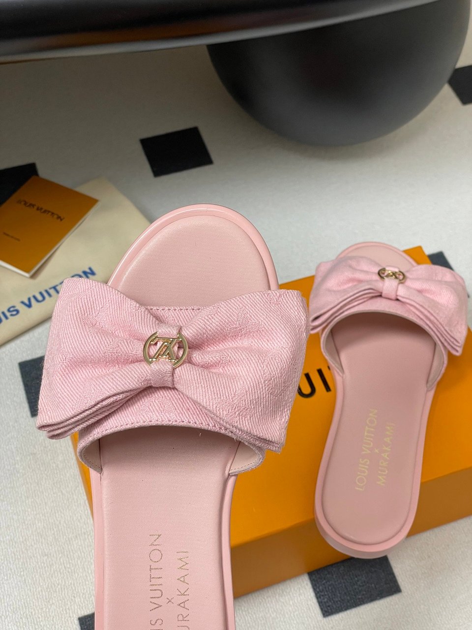 Louis Vuitton x Takashi Murakami Lily Flat Mule Bow Slide Sandals Black Canvas 1AGVYA view 9