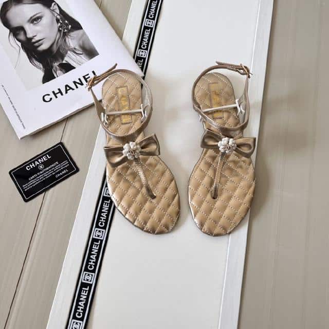 Chanel Gold Quilted Leather With White Camellia Cc Logo Bow Thong Sandals view 8