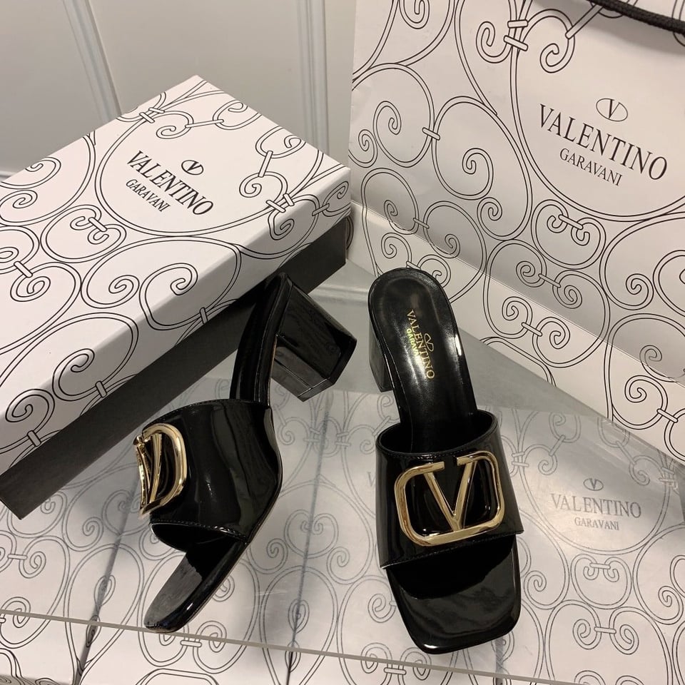 Valentino Vlogo Signature Square Toe Middle Heel Black Slide Sandal view 9