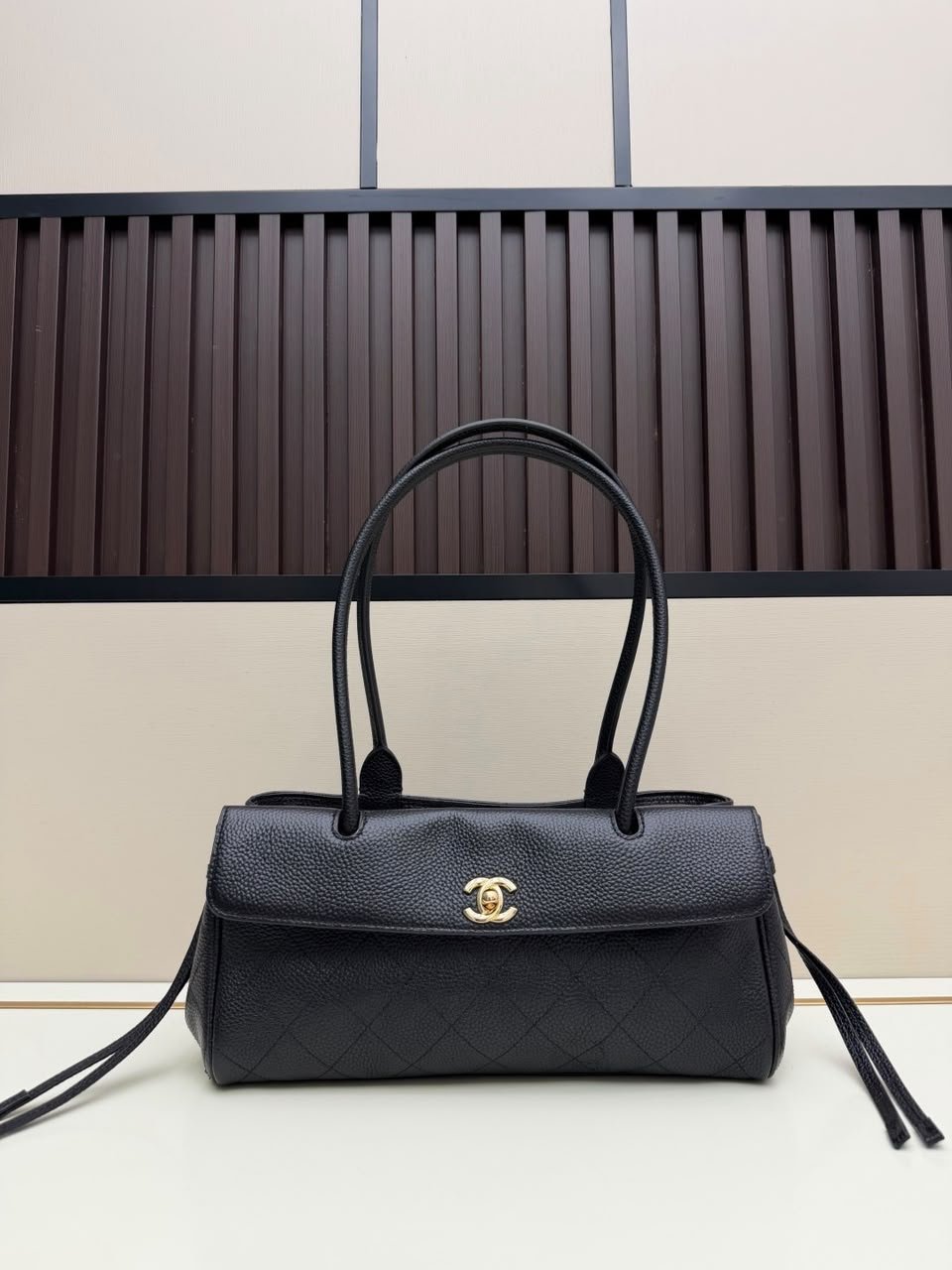 Chanel Small Shopping Bag Calfskin With Grain Effect &amp; Gold Metallic Black 32cm/12.6in AS6288 view 3