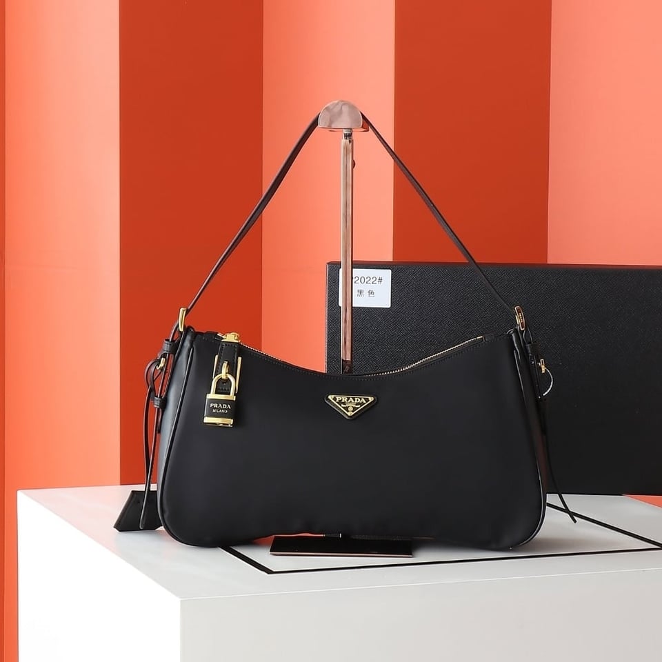 Prada Aimée Large Re Nylon Shoulder Bag With Padlock Black 34Cm view 3
