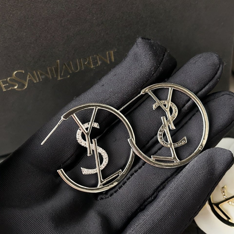 Saint Laurent Ysl Hoop Earrings With Crystal Silver Tone view 2
