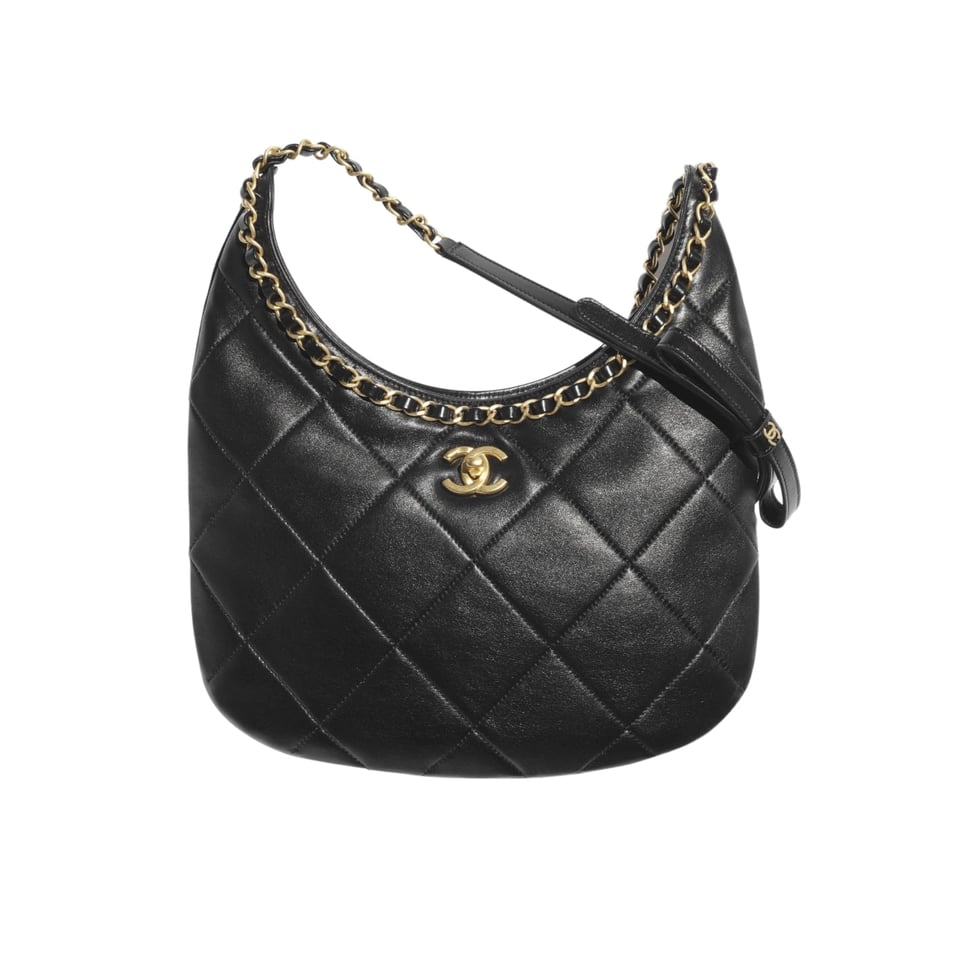 Chanel Hobo Handbag Shiny And Gold Tone Black 27Cm/10.6in