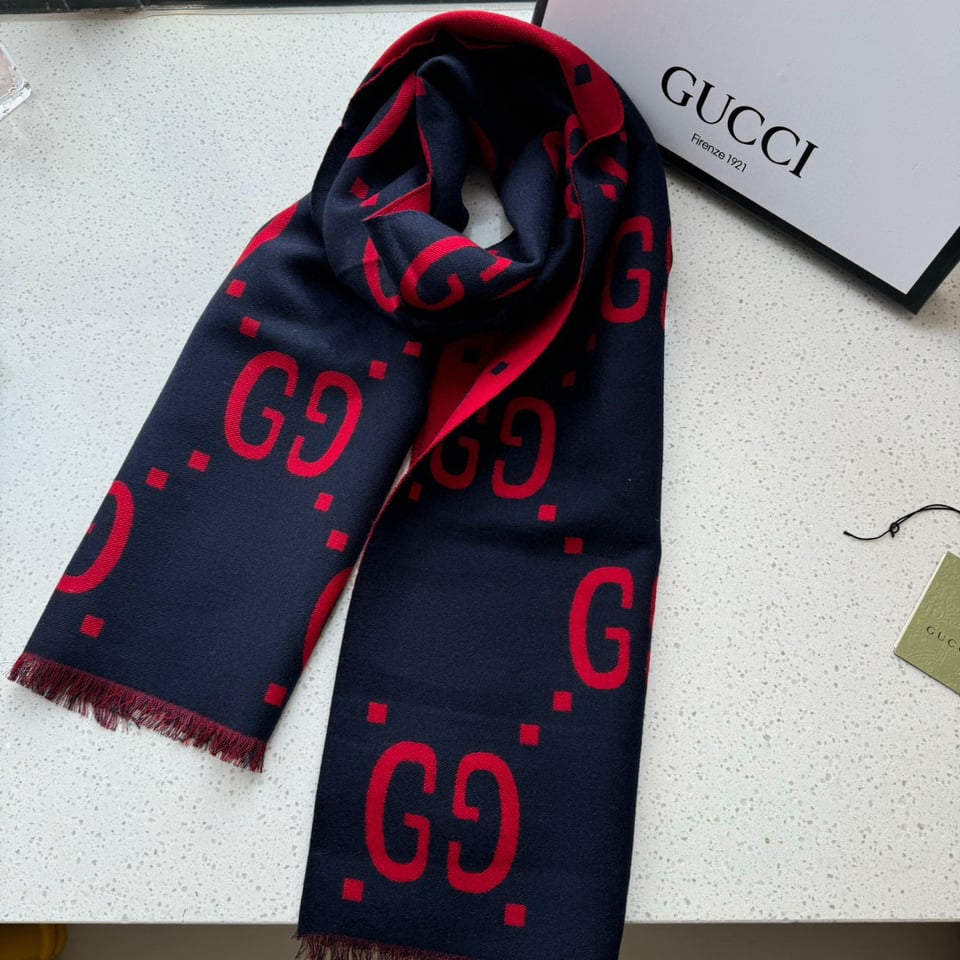 Gucci Cashmere Scarf Pattern Red Blue For Women 190cm view 2