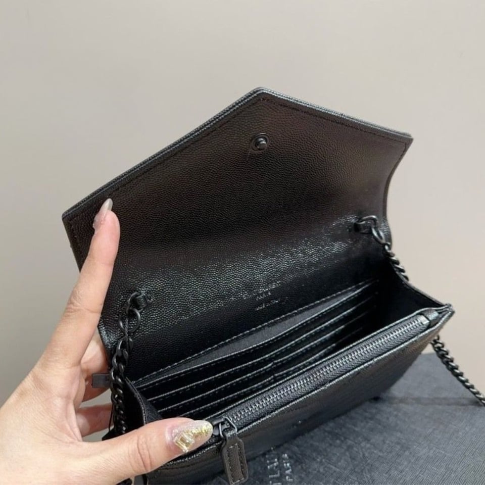 Saint Laurent Cassandre Matelasse Chain Wallet In Grain De Poudre Embossed Black Noir 22Cm view 9