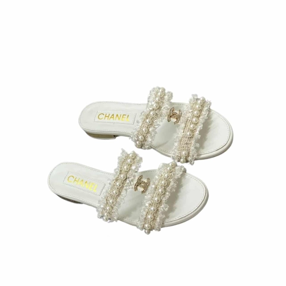 Chanel Mule Slippers Pearl Tweed White view 2