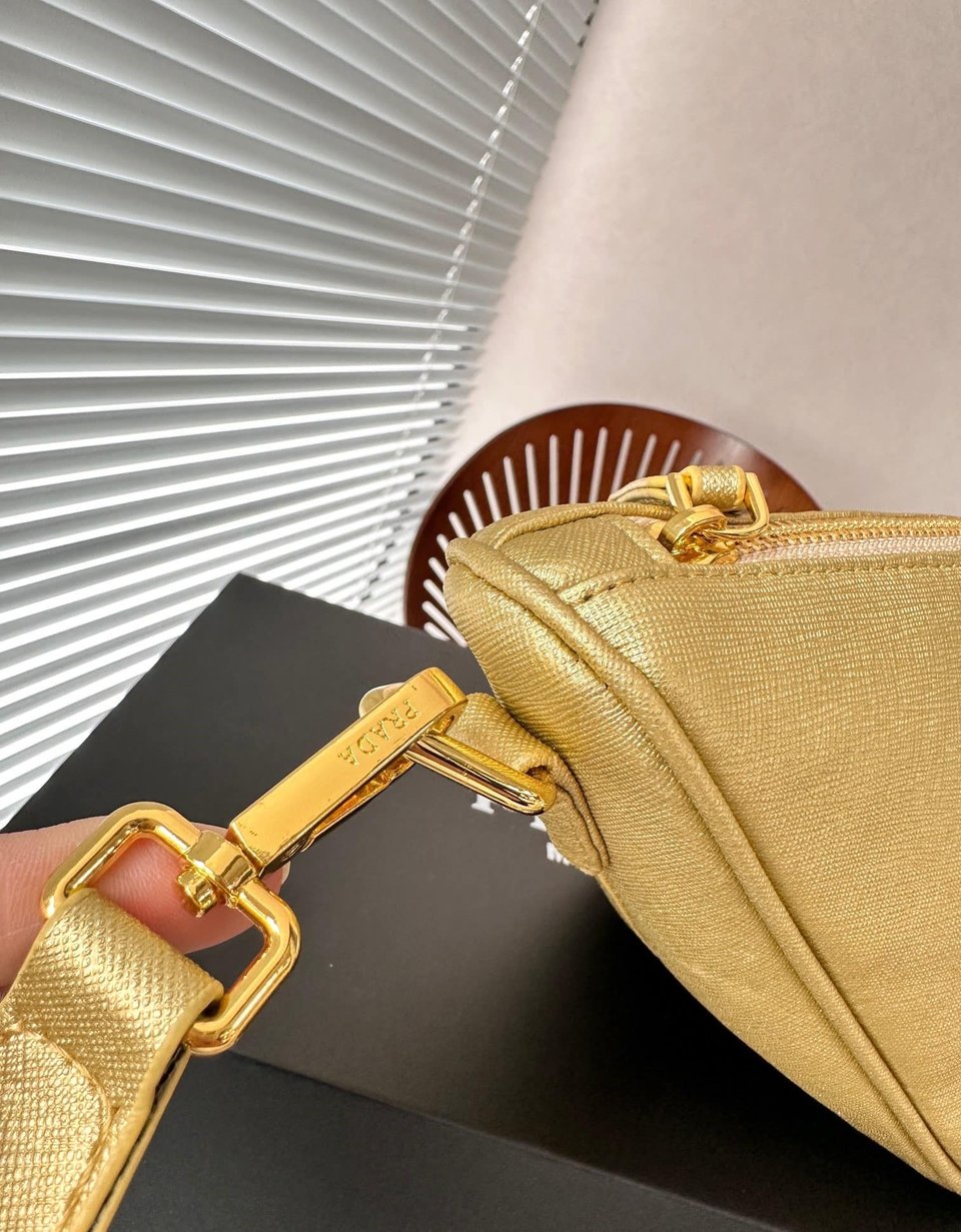 Prada Triangle Saffiano Leather Shoulder Bag Gold 28Cm view 5