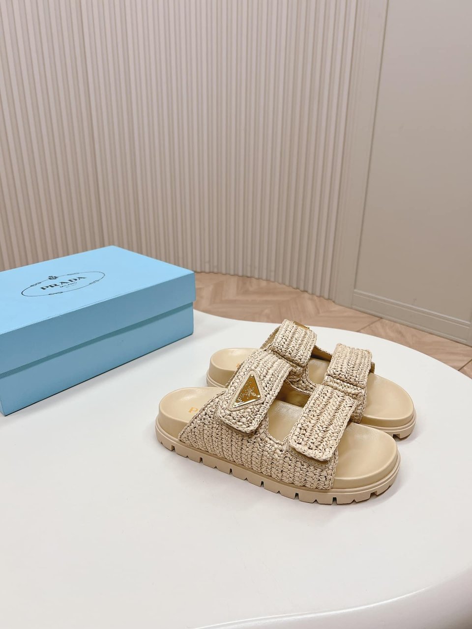 Prada Fussbett Raffia Dual Buckle Slide Sandals Beige view 11