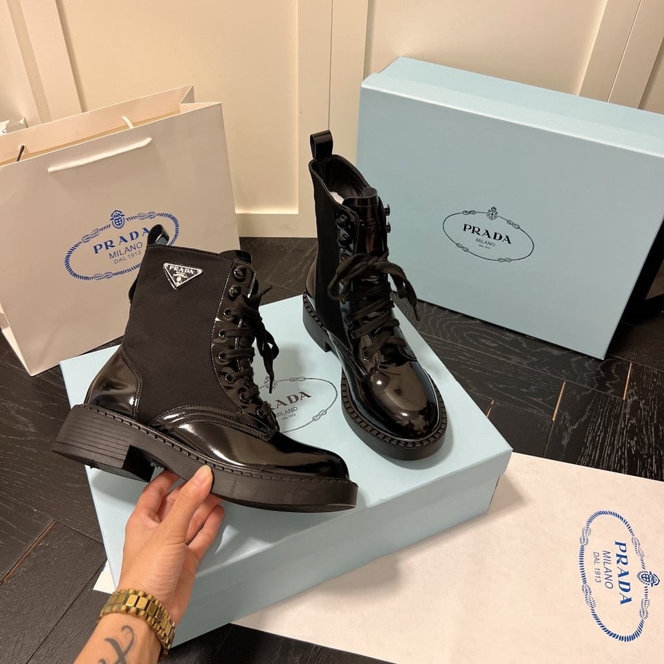 Prada Brushed-Leather And Re-Nylon Boots Shiny Black view 9