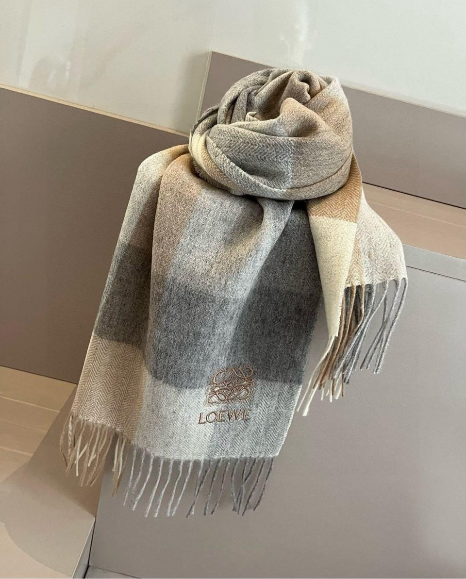 Loewe Cashmere Scarf Check Gray Brown For Women 180cm view 2