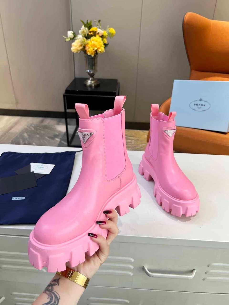 Prada Monolith Brushed Leather Booties Pink view 6