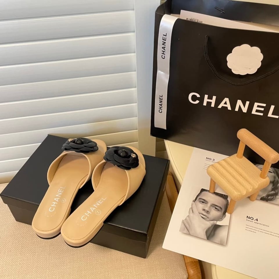 Chanel Black Camellia Slides Beige view 6