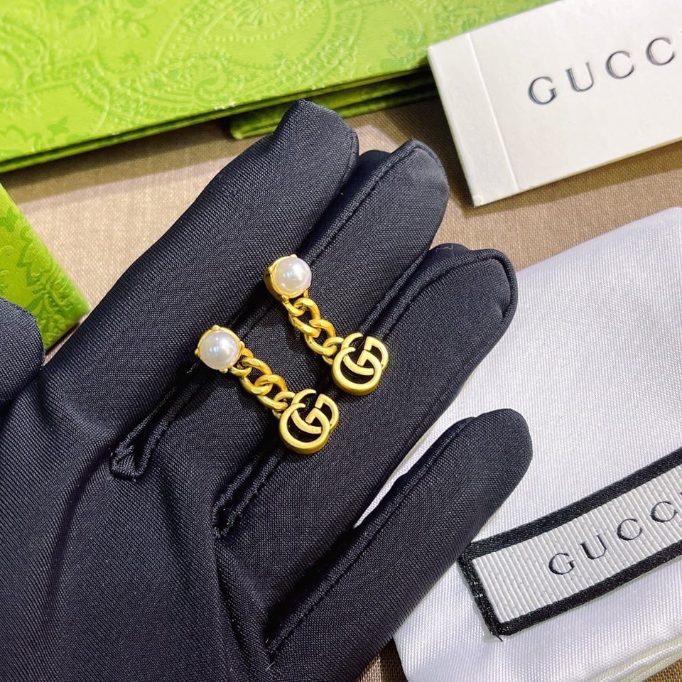 Gucci Pearl Double G Earrings Gold 645665 I4620 8078 view 2