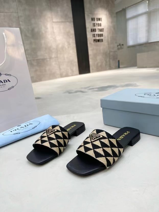 Prada Embroidered Fabric Slides Black Yellow view 4
