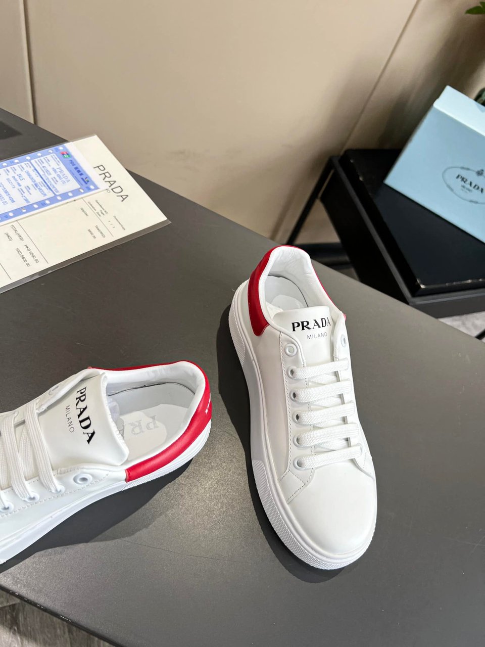 Prada Sneakers In White Leather With Red Logo view 4