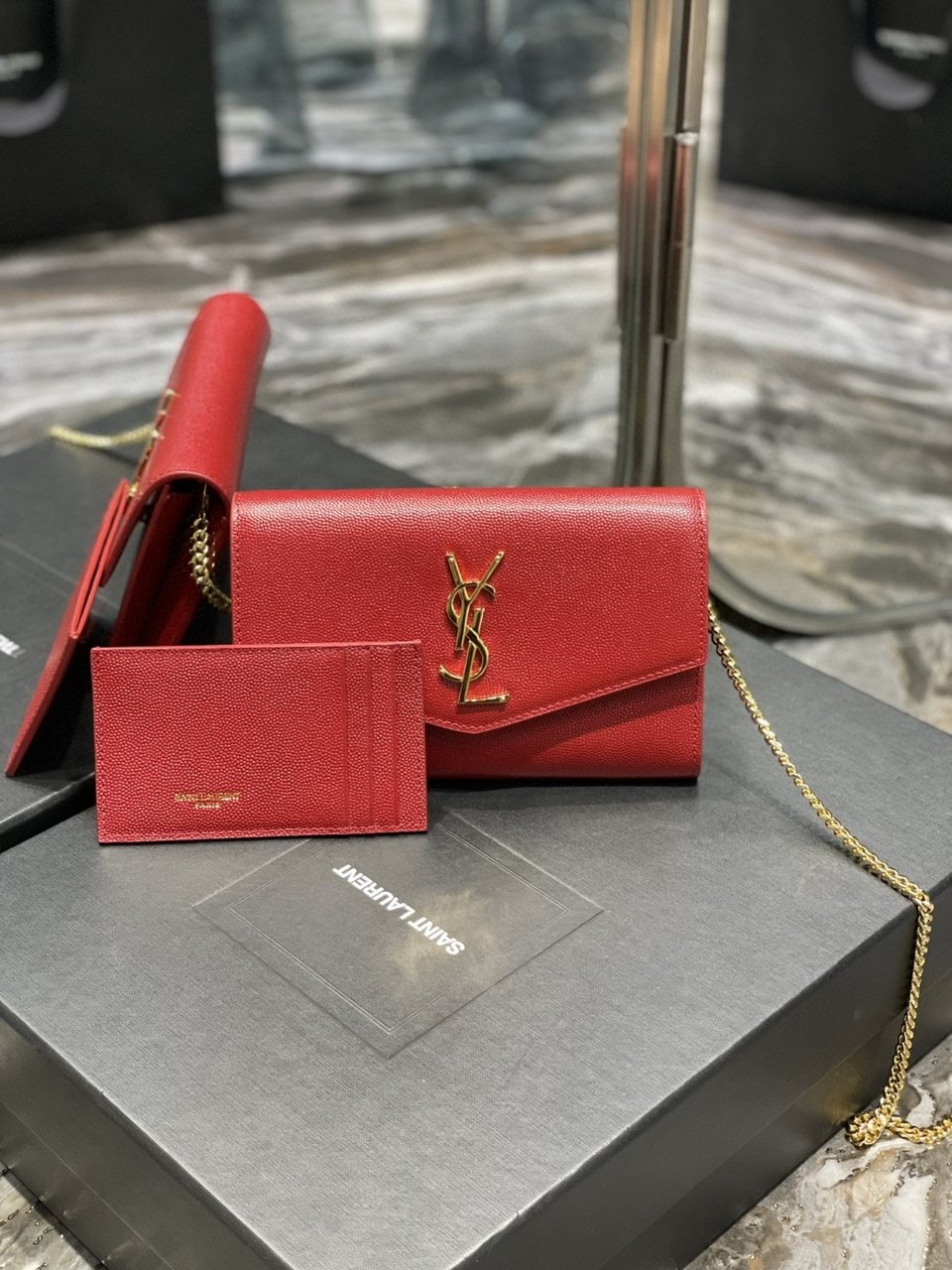 Saint Laurent Uptown Chain Wallet In Grain De Poudre Embossed Leather Red 19Cm view 3