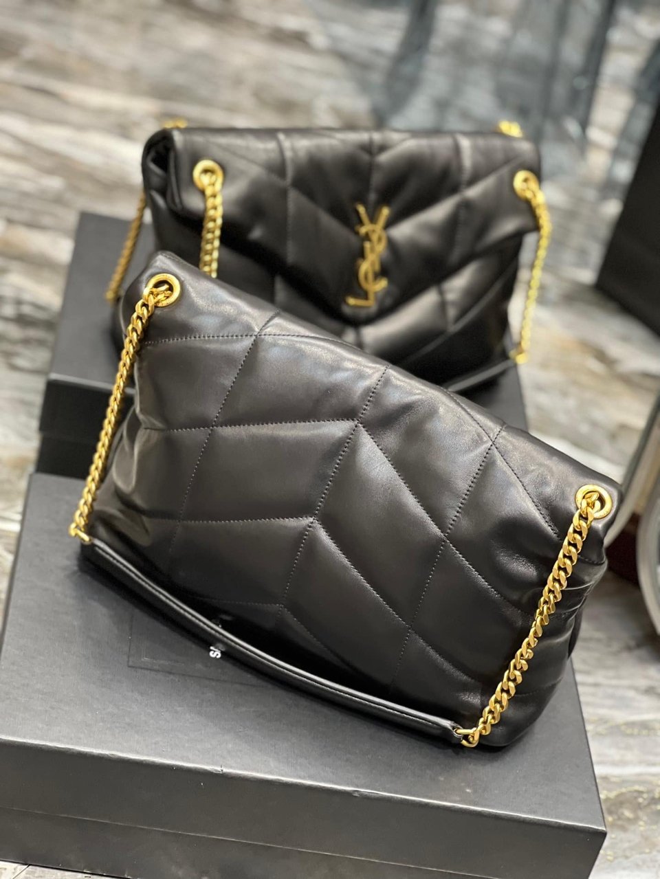 Saint Laurent Puffer Medium Chain Bag In Quilted Gold Toned Metal view 7