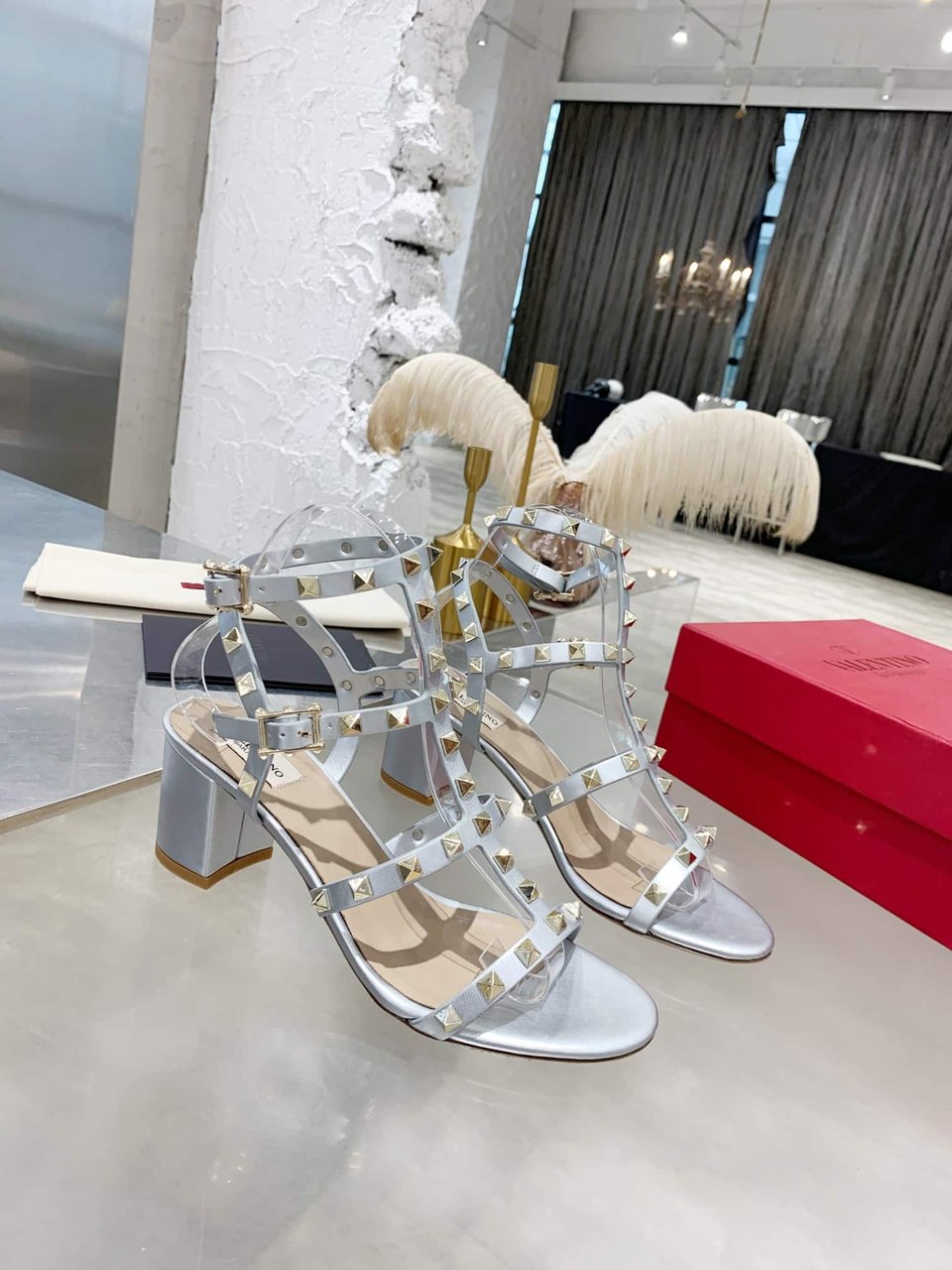 Valentino Garavani Rockstud Leather Sandals Silver view 6
