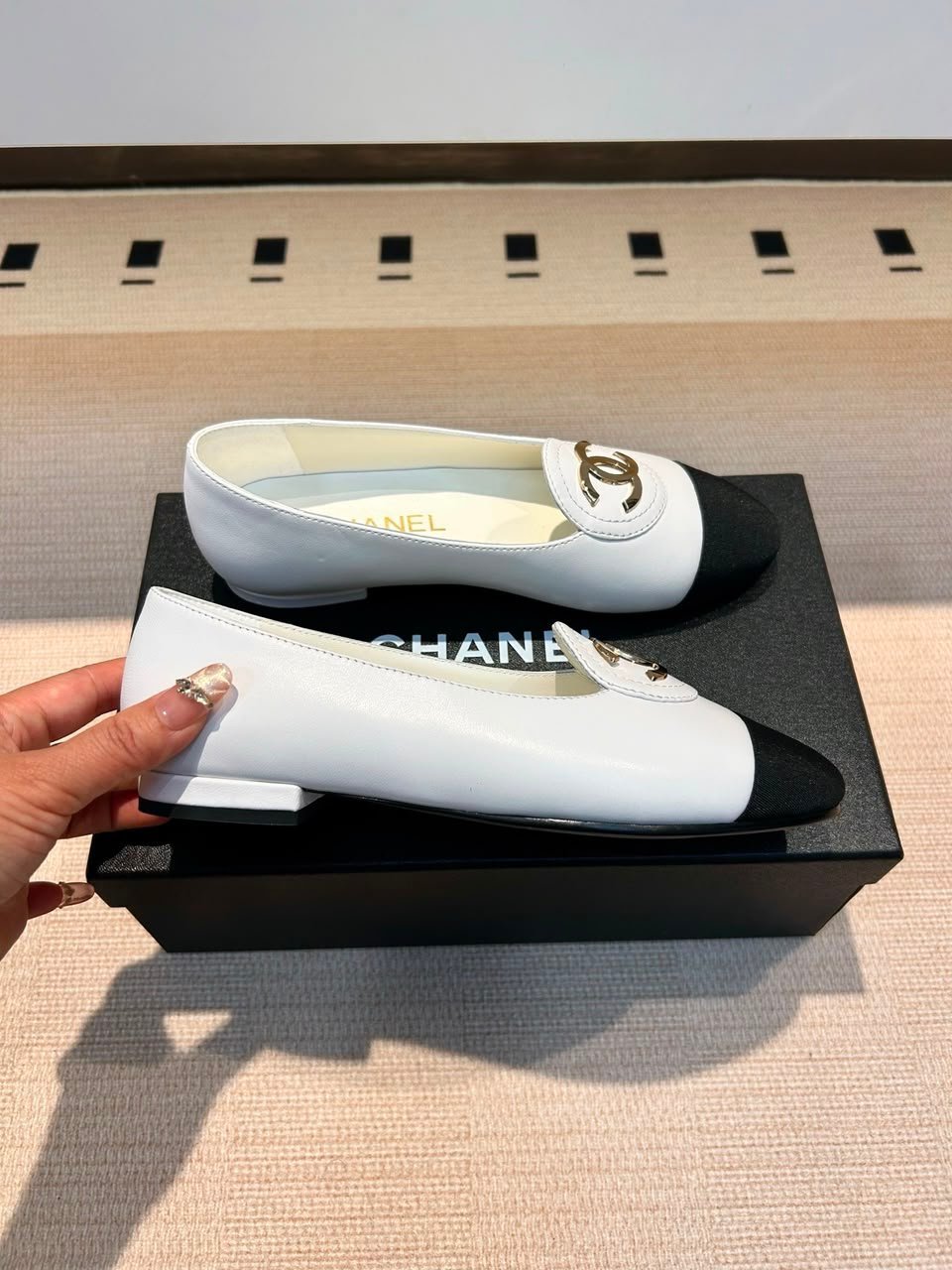 Chanel Lambskin Grosgrain Ballerinas With Gold CC Logo White &amp; Black Lambskin G39845 view 8