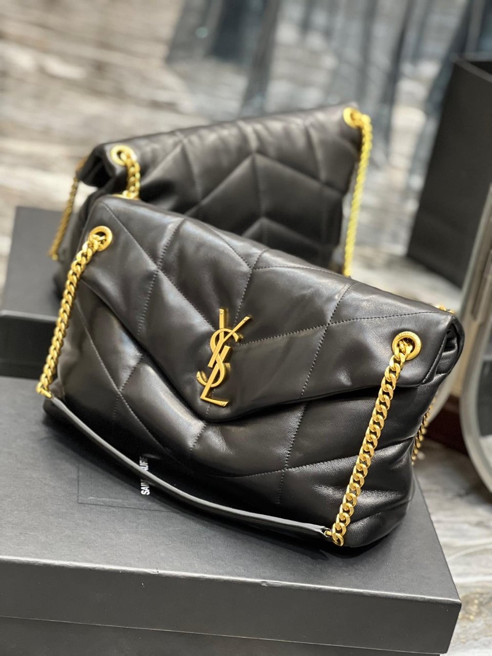Saint Laurent Puffer Medium Chain Bag In Quilted Gold Toned Metal view 8