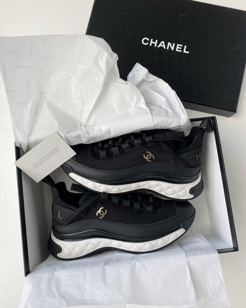 Chanel CC Logo Black Knit &amp; Leather Chunky Sneakers G39763 view 5