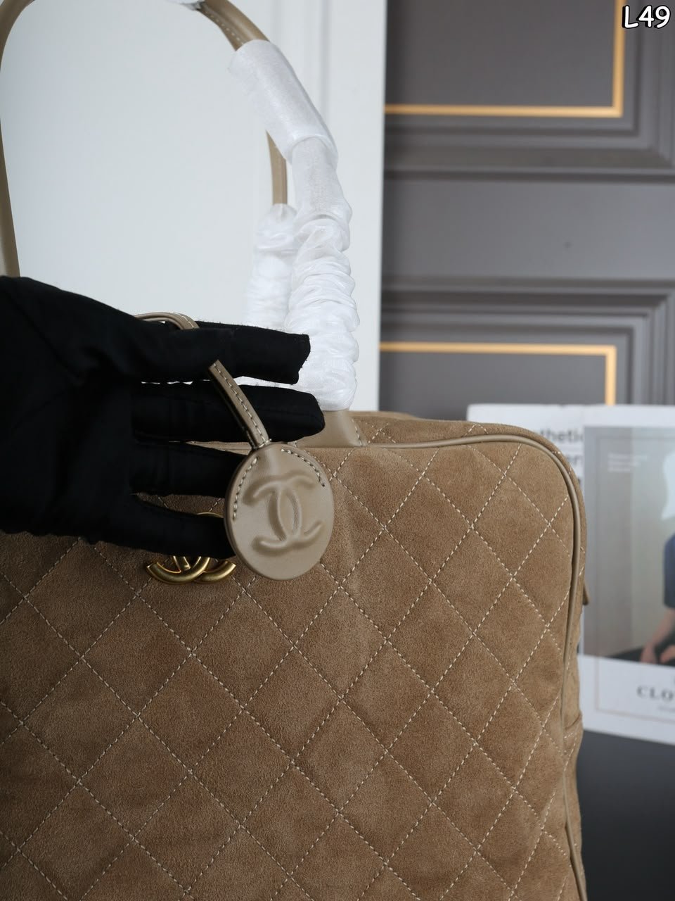 Chanel Maxi Bowling Bag Calfskin Suede, Calfskin Leather &amp; Gold-tone Metal Dark Beige 42cm/16.5in AS6212 view 5
