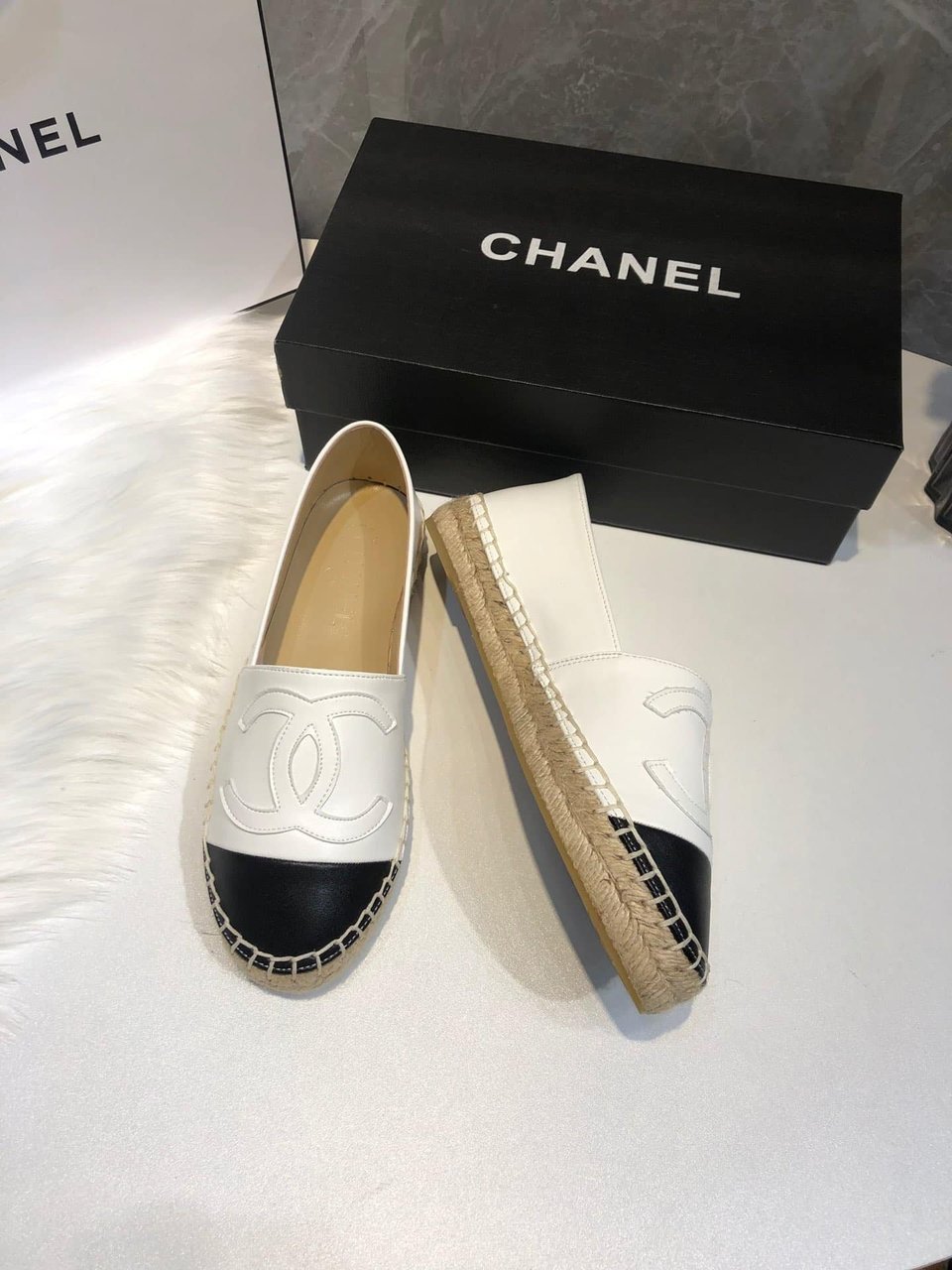 Chanel Embroidered Espadrille Leather Black Cap Toe Flats White Cc view 3