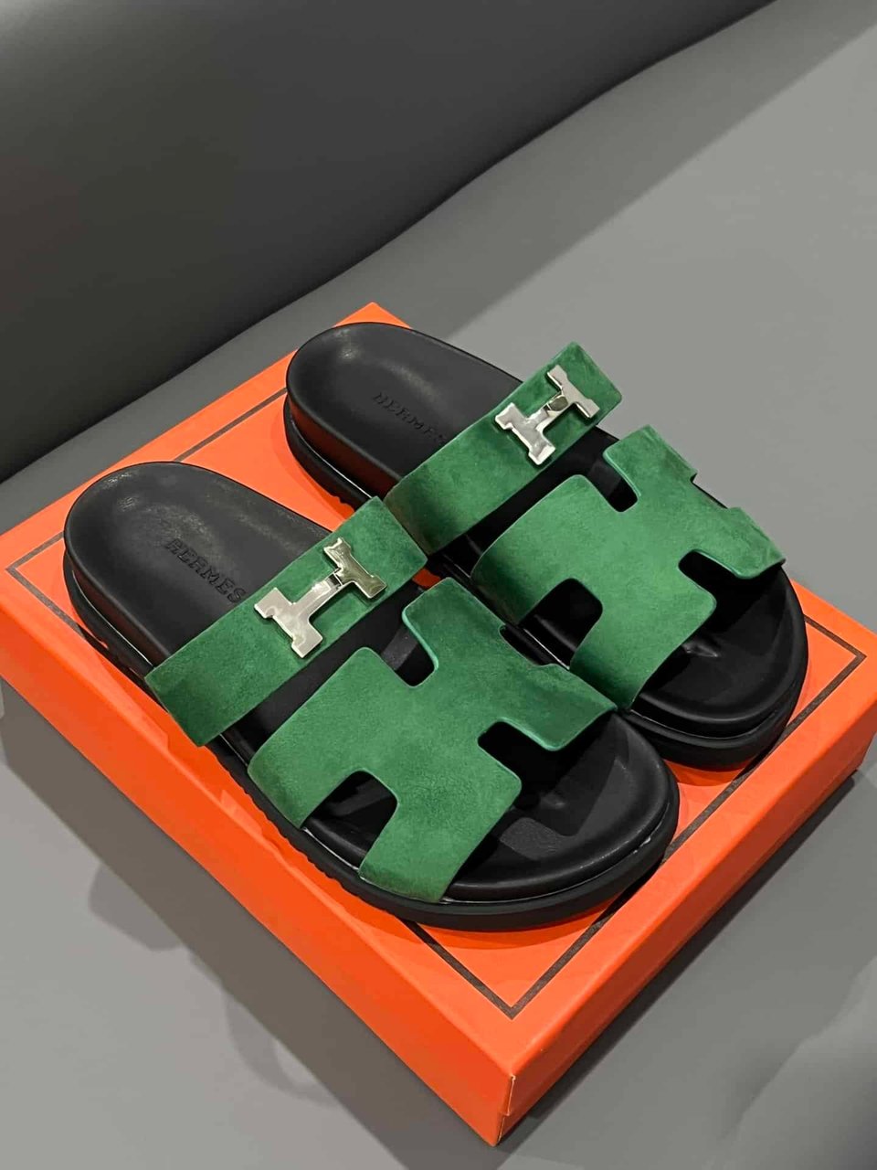 Hermes Chypre Sandal Suede H Logo Silver Hardware Green view 7