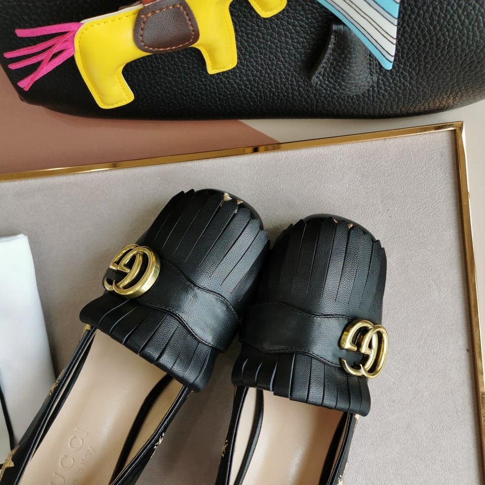 Gucci Embroidered Bee Star Leather Mid-Heel Pump Black view 5