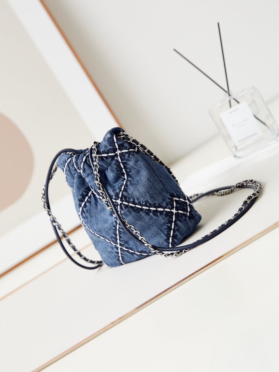 Chanel 22 Mini Backpack Stitched Blue Denim Silver Hardware view 10
