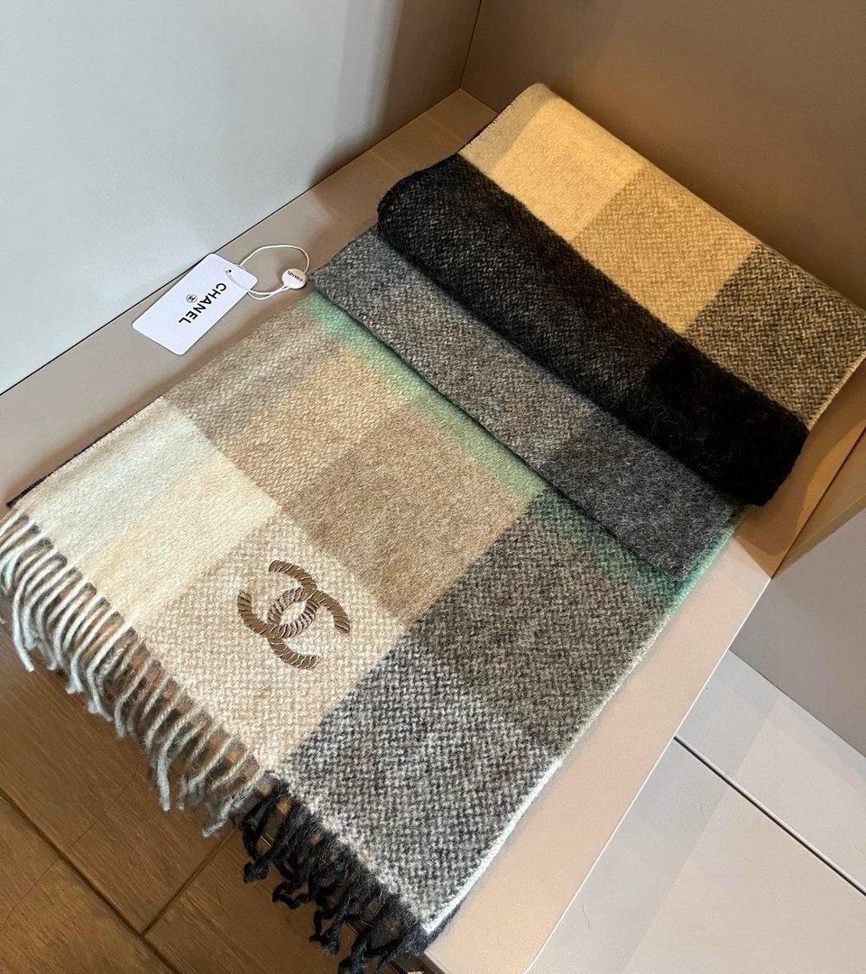 Chanel Cashmere Scarf Colorblock Beige For Women 200cm view 4