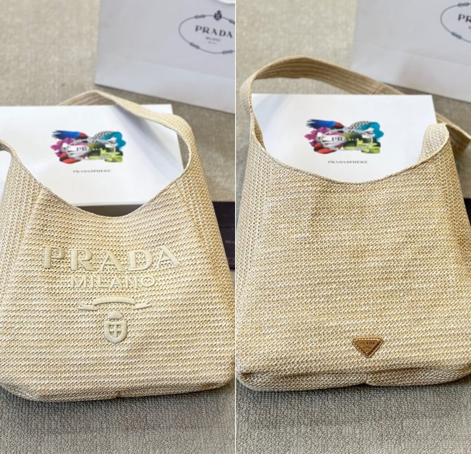 Prada Logo Embossed Raffia Shoulder Bag Beige 33Cm view 5
