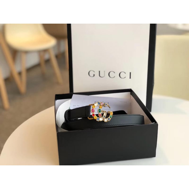 Gucci 20mm Leather Belt With Crystal Double G Buckle 513183 view 3