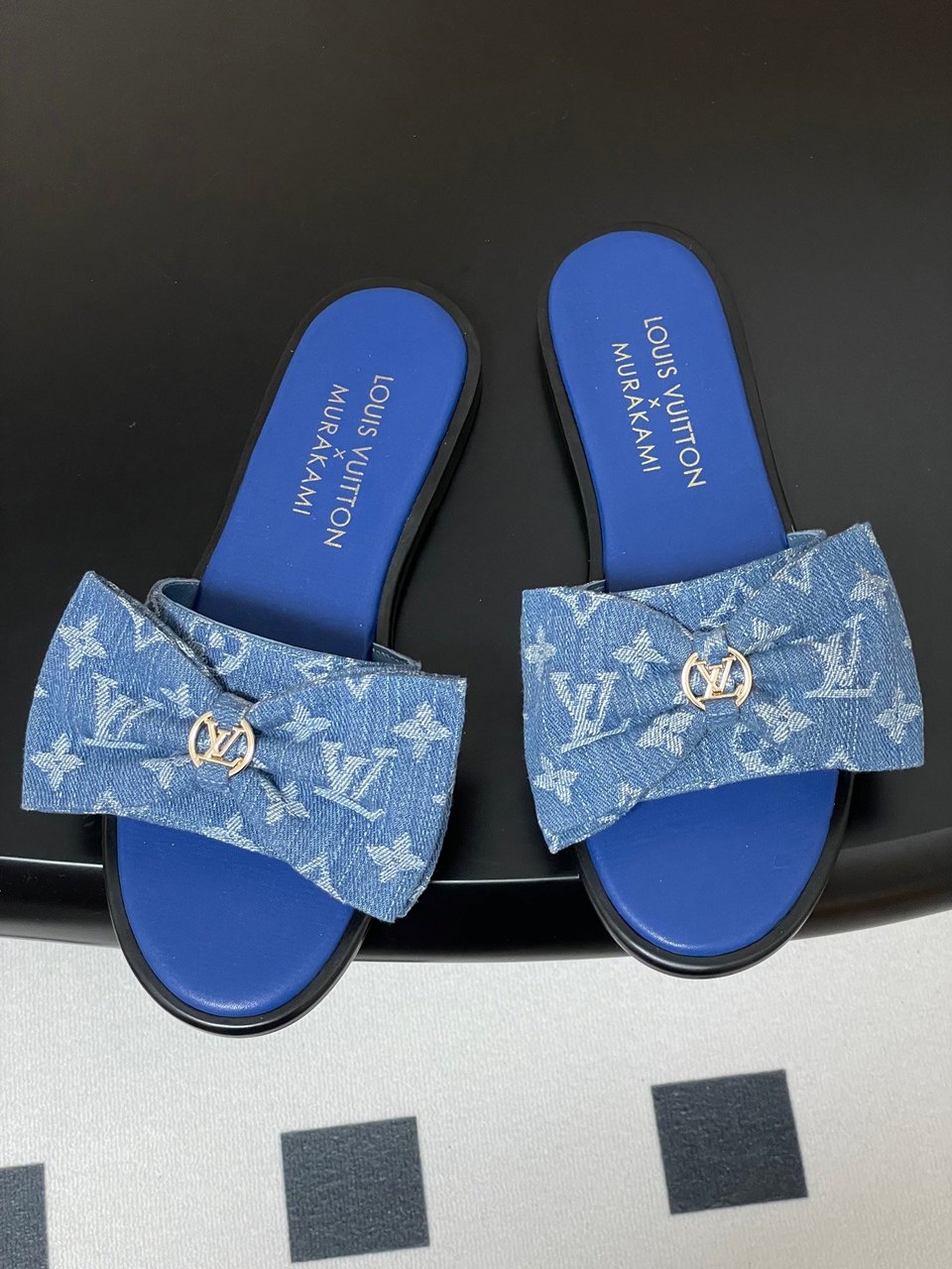 Louis Vuitton x Takashi Murakami Lily Flat Mule Bow Slide Sandals Blue Canvas 1AGVYA view 3