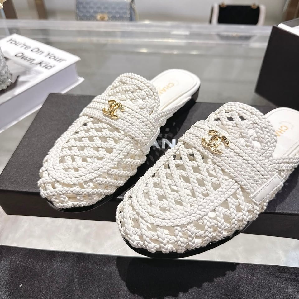 Chanel Braided Woven Raffia Mules with CC Logo White Raffia G39850 view 8