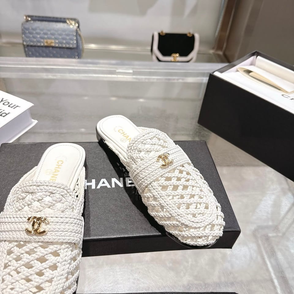 Chanel Braided Woven Raffia Mules with CC Logo White Raffia G39850 view 7