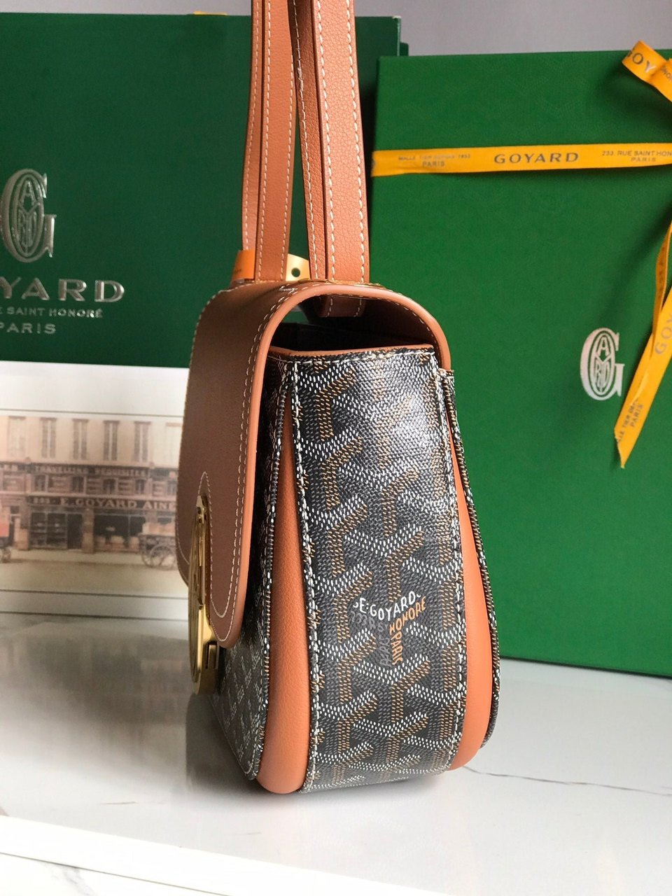Goyard 233 Bag 25 Cm Tan Calfskin And Black Goyardine Canvas 25cm view 7
