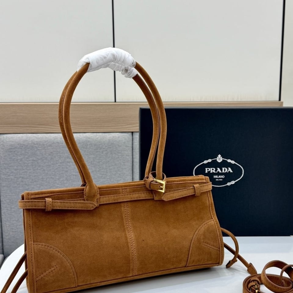 Prada Medium Suede Handbag Cinnamon 32Cm view 6