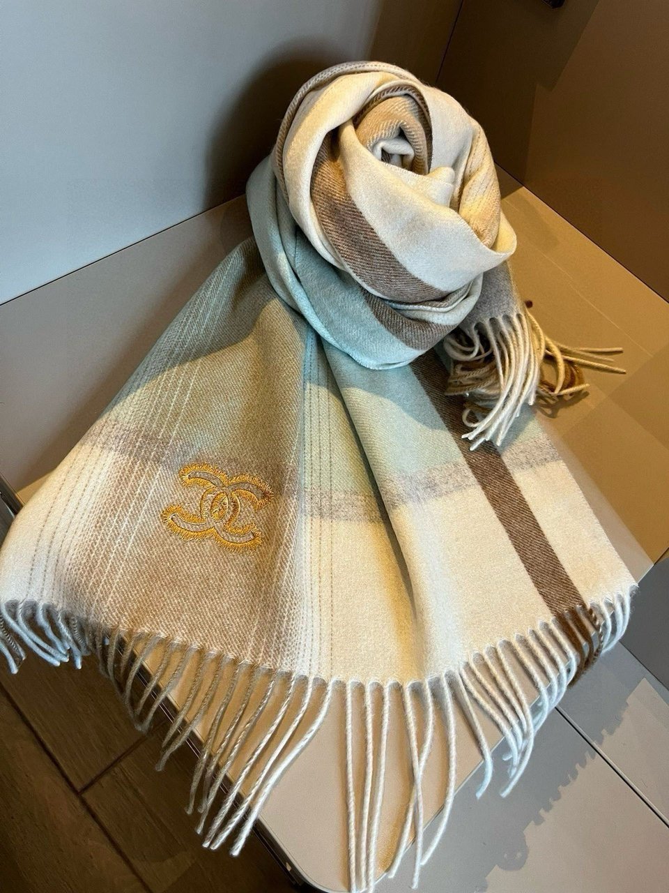 Chanel Cashmere Scarf Striped Beige For Women 190cm view 2