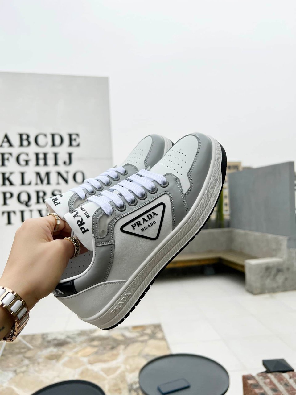 Prada District Perforated Leather Sneakers Grey 1E790M3Lj6F0A4Cf030 view 4