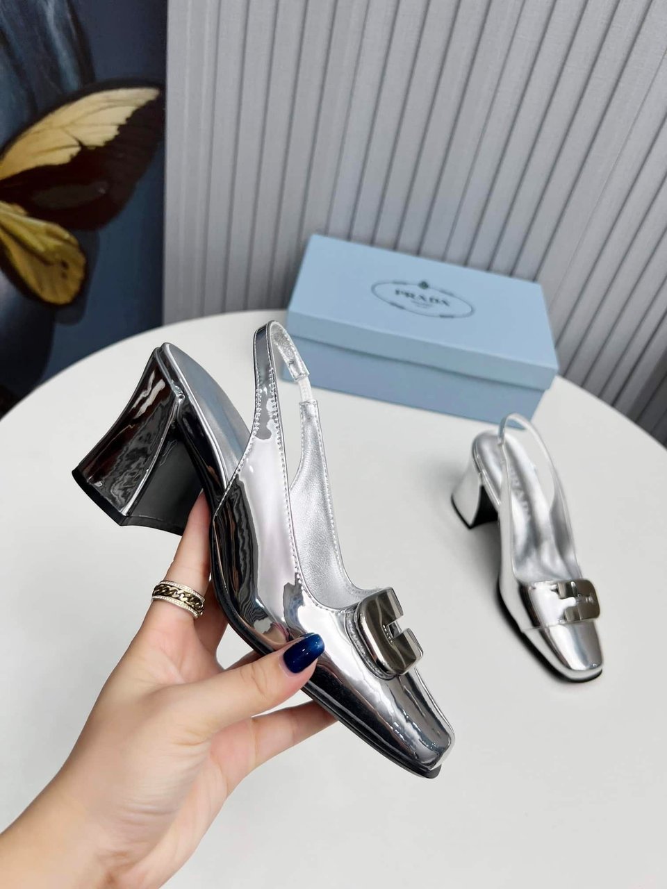 Prada Leather Slingback Pumps Silver view 6