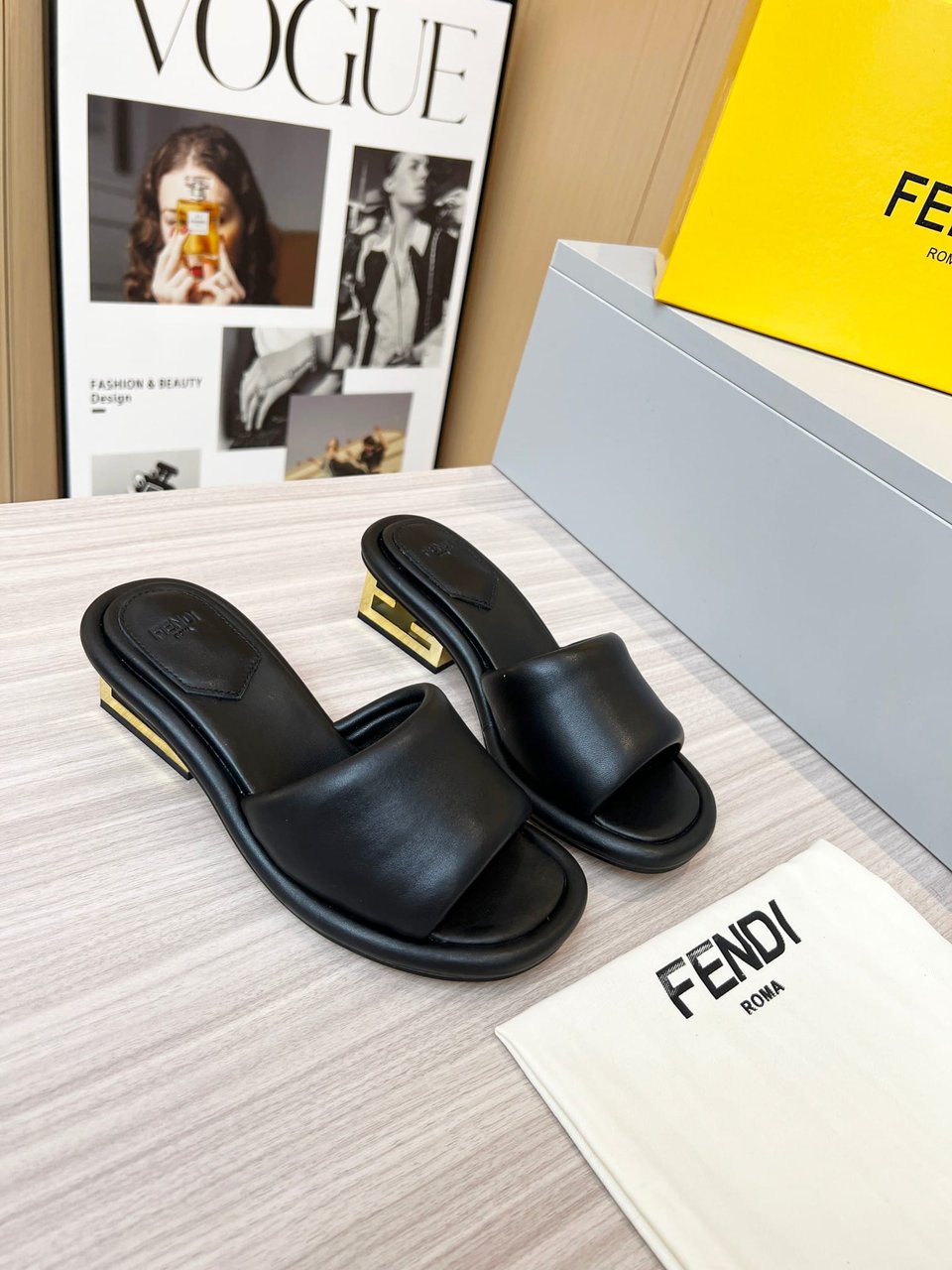 Fendi Cutout Metal Block Heel Padded Leather Sandals Black view 10