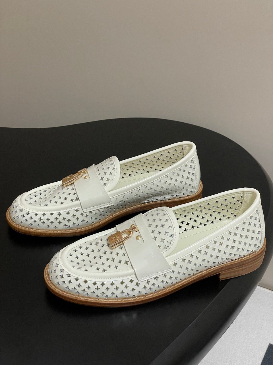 Louis Vuitton Chess Flat Loafer White Monogram Embroidered with Gold Padlock 1AGXRV view 8
