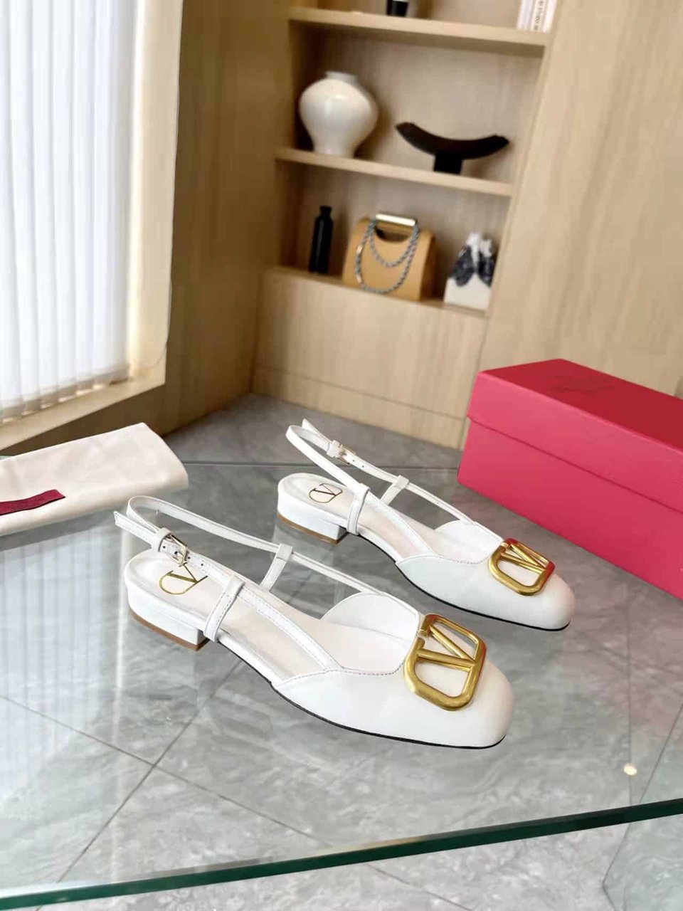 Valentino Garavani V Logo Leather Slingback Flats White view 7