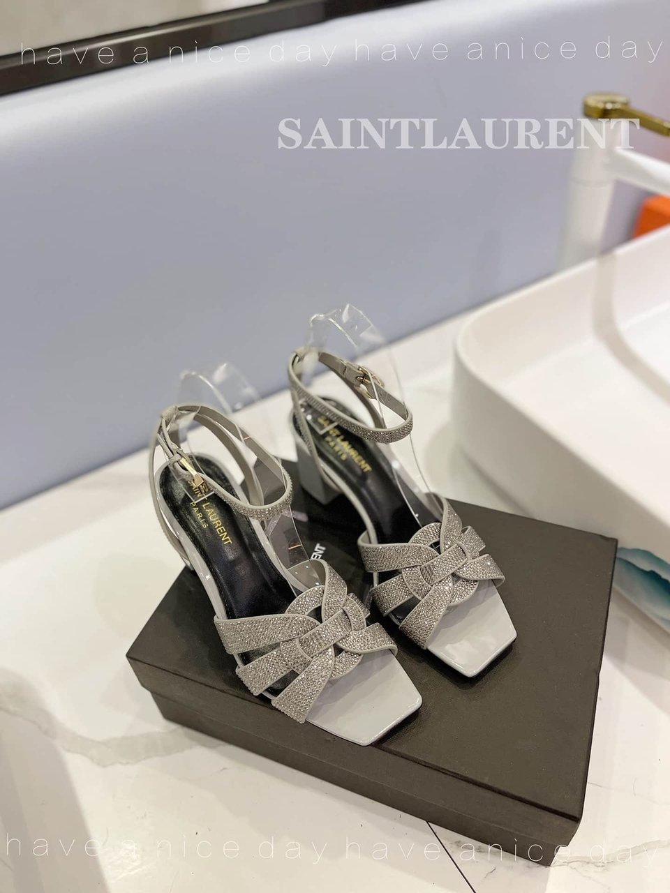 Saint Laurent Tribute Leather Sandals Metallic Silver view 5