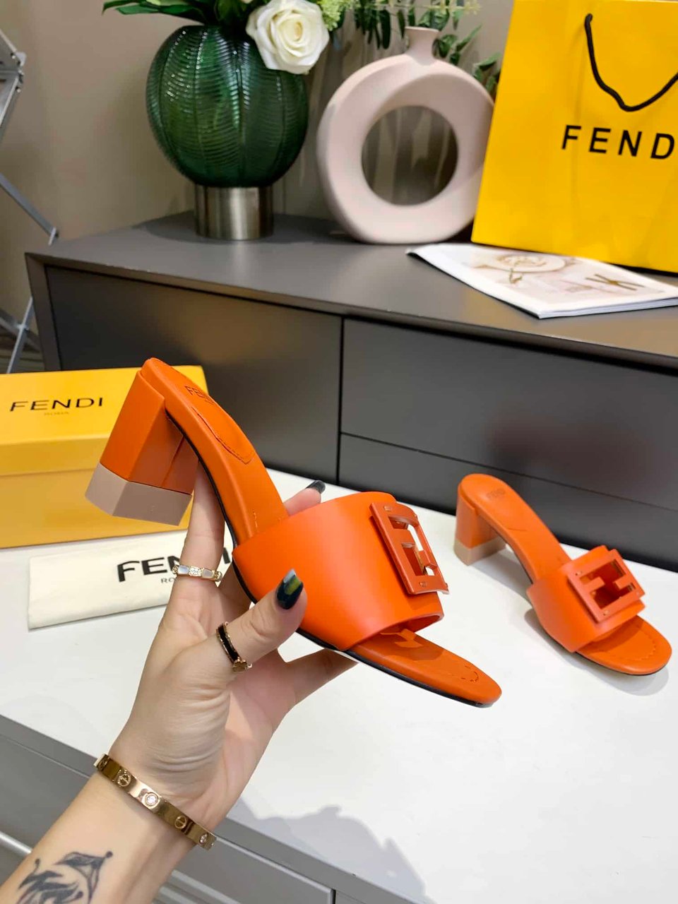 Fendi Signature Leather High Heel Orange view 7